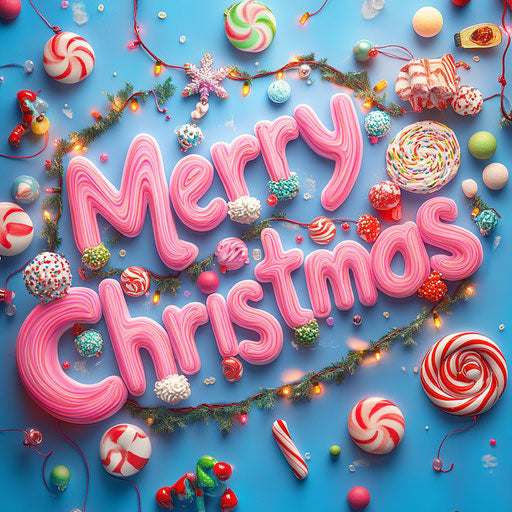 Merry Christmas made of colorful candies and sweets on bright background, garlands and festive lights.