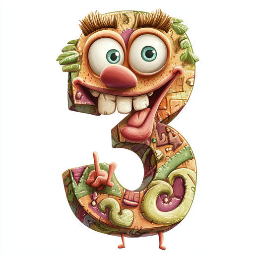 Humorous caricature of a number 3 with human characteristics