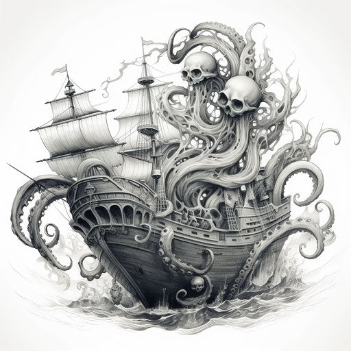 Octopus ship, monochrome ink style, mechanical adventure