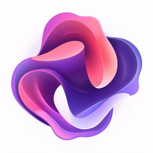 Abstract logo with fluid shapes and gradients, in purple and pink