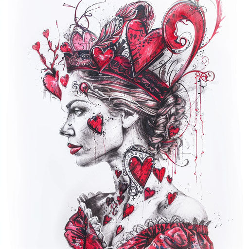 Whimsical Queen of Hearts tattoo illustration on bright white