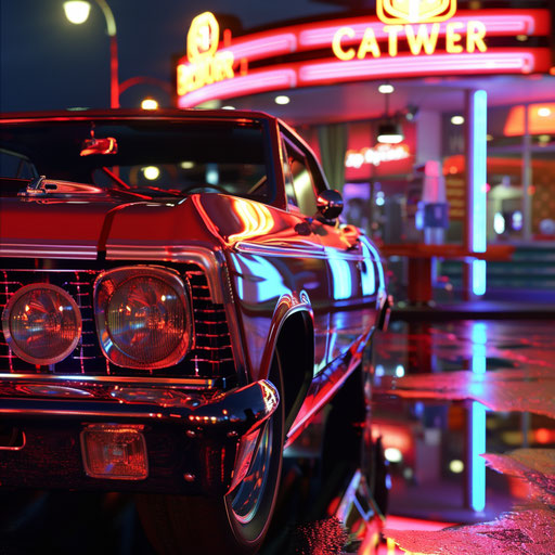 Neon-lit 1967 Chevy Bel Air in front of retro diner at night