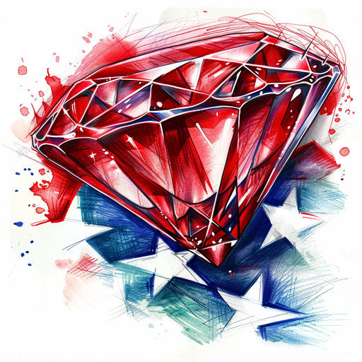 Patriotic tattoo sketch of a ruby with a flag motif reflected within, in national colors, clipart style