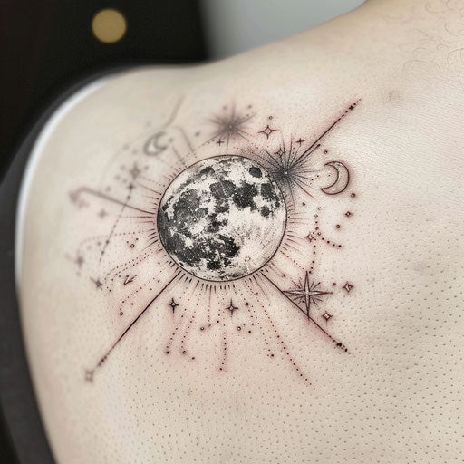 Traditional Korean celestial bodies tattoo, moon and stars on white background