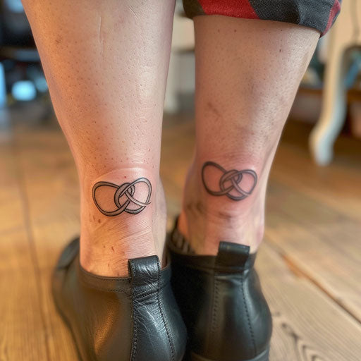 Mother and daughter tattoos of matching infinity symbols on ankle