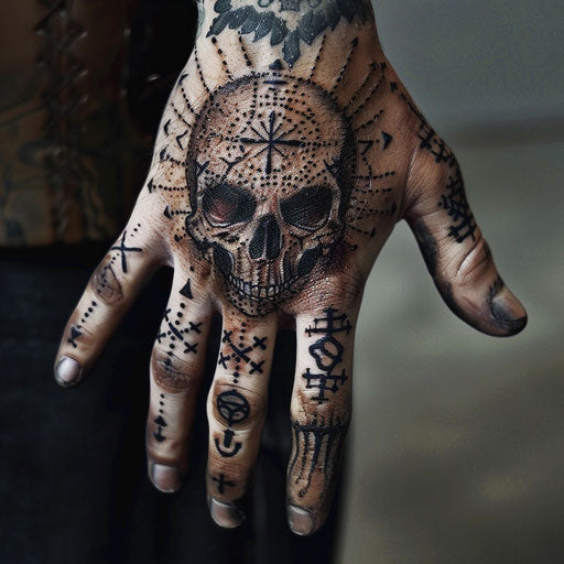 Skull hand tattoo in the style of Peter Jackson with Elvish runes