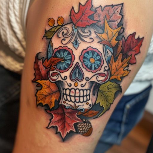 Sugar skull with autumn leaves and acorns