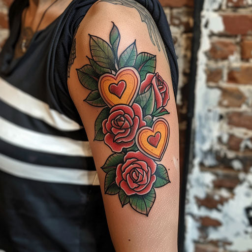 Traditional roses and hearts arm tattoo
