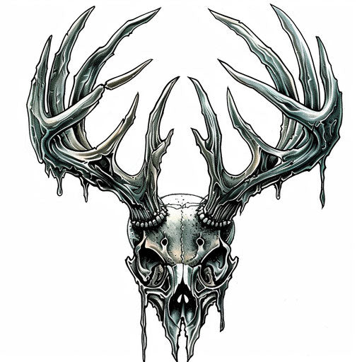 Intricate black and gray deer skull tattoo design with antlers on white