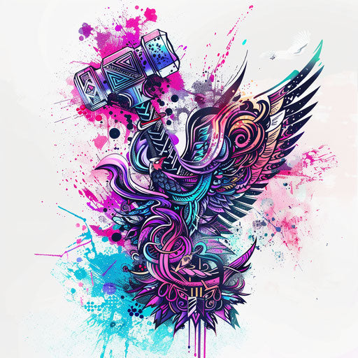 Surreal tattoo sketch with hammer transforming into bird