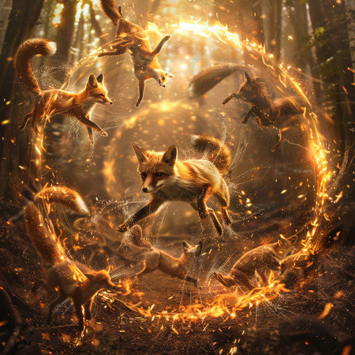 Foxes leaping through a ring of fire at a mystical forest carnival