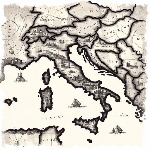 Vintage map of Italy tattoo design, detailed and stylized, on white background