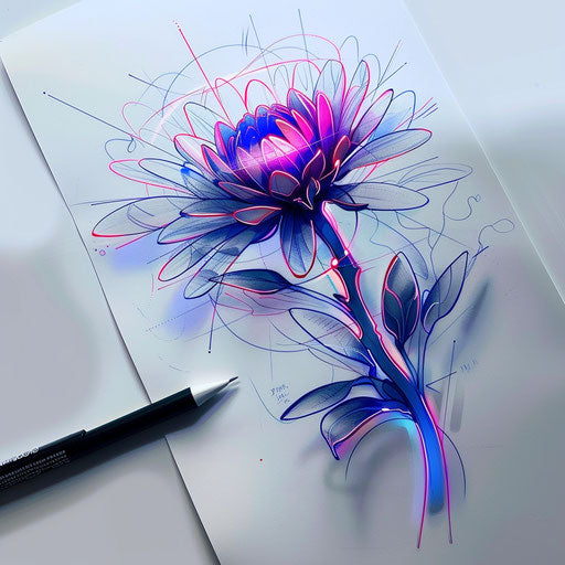 Futuristic tattoo sketch of an aster flower with neon outlines and metallic accents