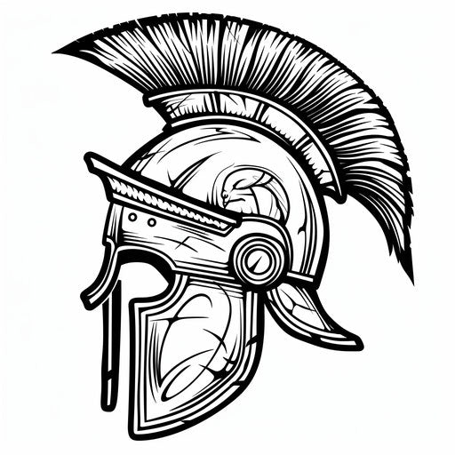 Roman helmet with crest in black ink on white background