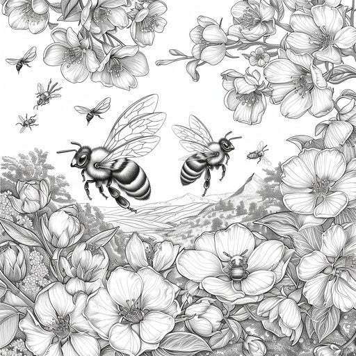 Bees flying over blooming orchard. Coloring book page