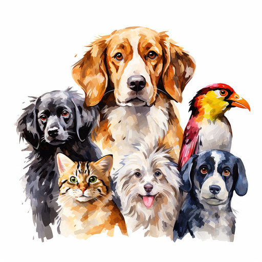 Pets clipart in the style of Impressionistic Art, on a white background