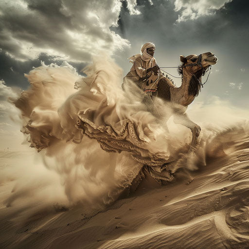 Camel rider racing in desert, cloud of dust