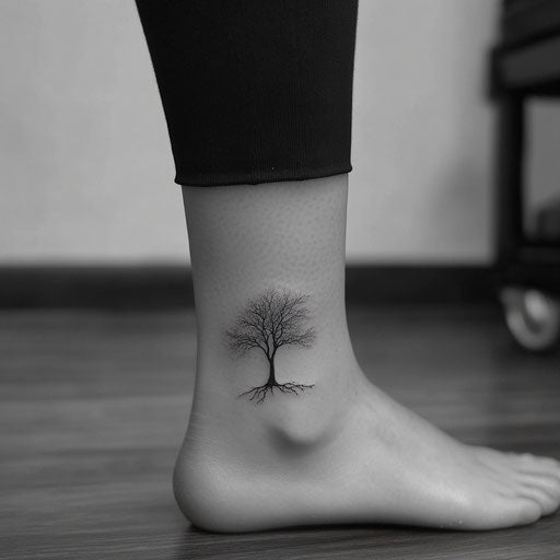 Women's ankle tattoos with minimalist tree silhouette