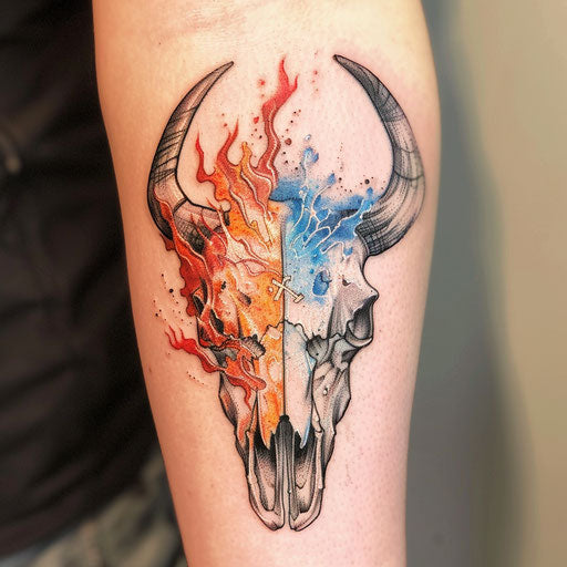 Bull skull tattoo with ice and fire theme