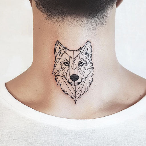 Minimalist neck tattoo with geometric wolf