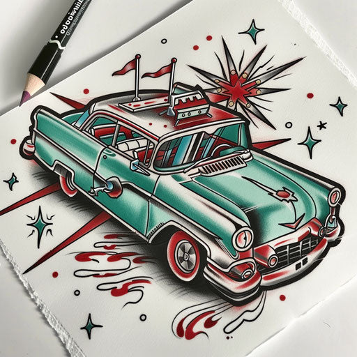 Retro 1950s flat tattoo sketch for 13 tattoo with classic cars and diner motifs in red and turquoise