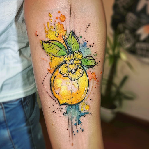 Dynamic flat tattoo sketch of a lemon with watercolor splashes in citrus tones