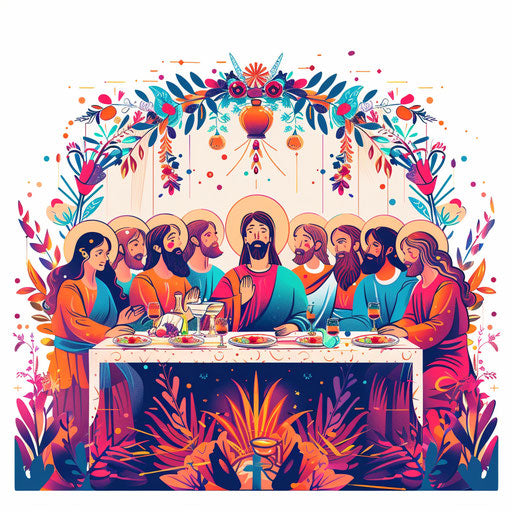 Festive Last Supper with decorative garlands and vibrant colors