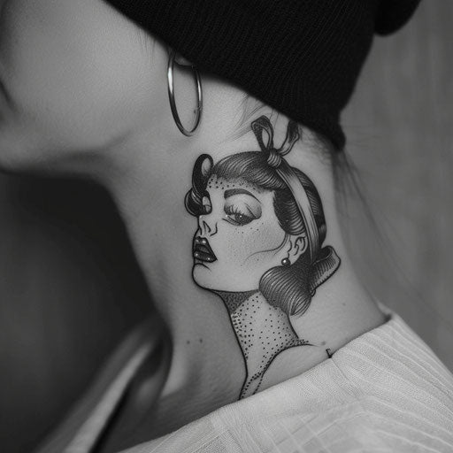 Neck tattoo with classic pin-up girl, Sailor Jerry style