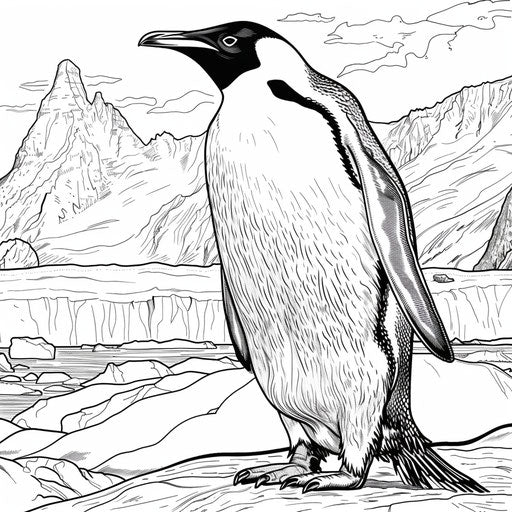 Majestic emperor penguin on an ice floe. Coloring book page