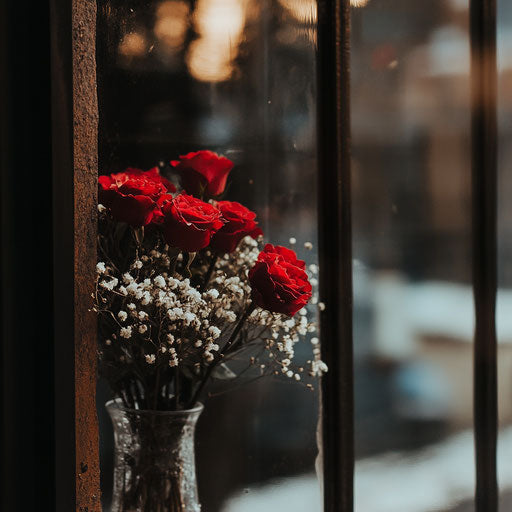 Red roses with baby's breath bouquet in window display