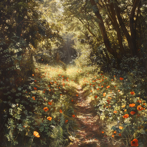 Forest poppies blooming along an ancient overgrown trail, sunlight filtering through the trees