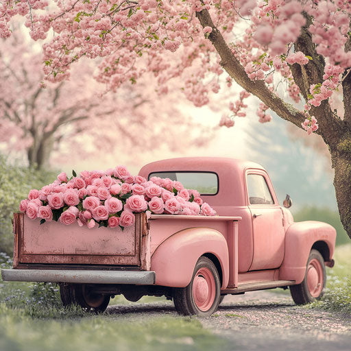 Pink vintage truck with pink roses in the trunk