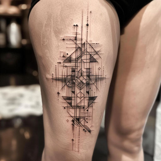 Geometric thigh tattoo pattern in Steve Sack style
