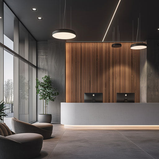 Modern reception area of a tech company, friendly receptionist and sleek decor