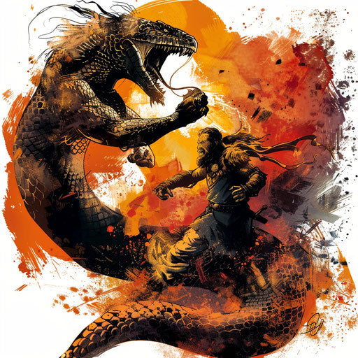Epic battle between a warrior and a serpent