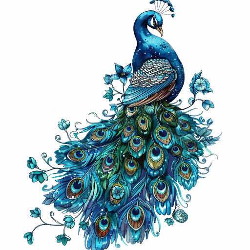Illustrative peacock tattoo with storybook charm on white background