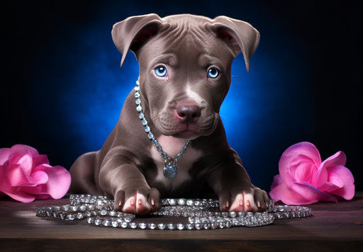 Small gray pit bull puppy on table, dark white light blue