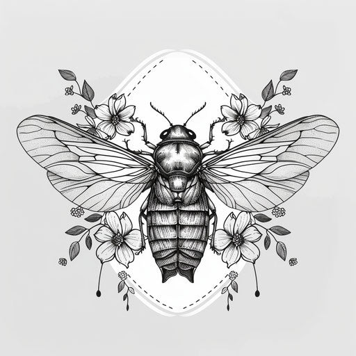 Nature-inspired tattoo sketch of a cicada surrounded by floral elements in a flat clipart style