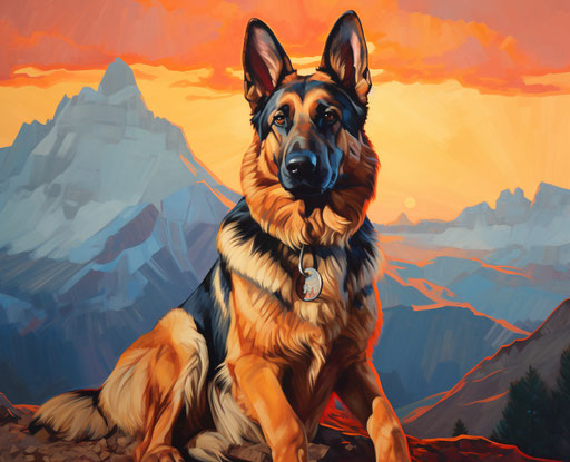 Shepherd dog on Mount Follis, alpine landscape contrast