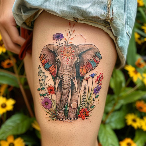 Wildflower tattoo with elephant, vibrant colors, intricate details, majestic