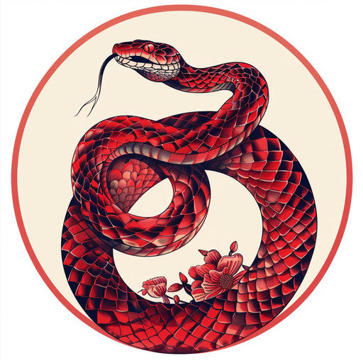 Playful flat tattoo sketch of a red snake chasing its own tail, circular design in bright reds, clipart style