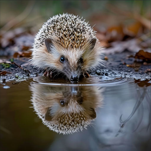 Hedgehog contemplating its reflection in a rain puddle