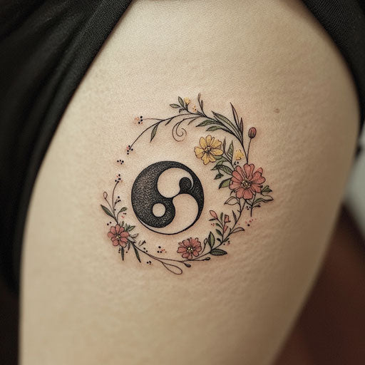Tiny yin-yang symbol with floral patterns