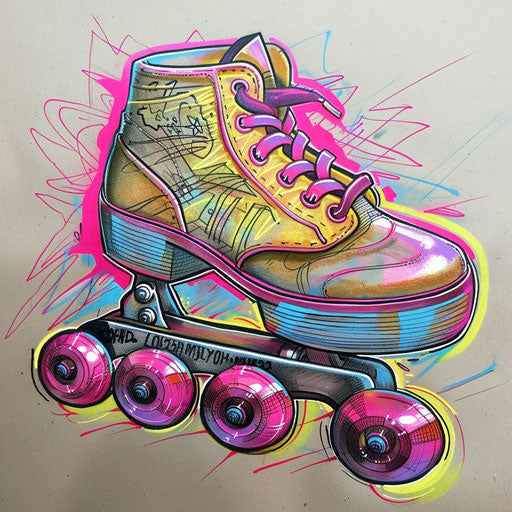 Vivid flat tattoo sketch of a neon roller skate with pink and yellow highlights