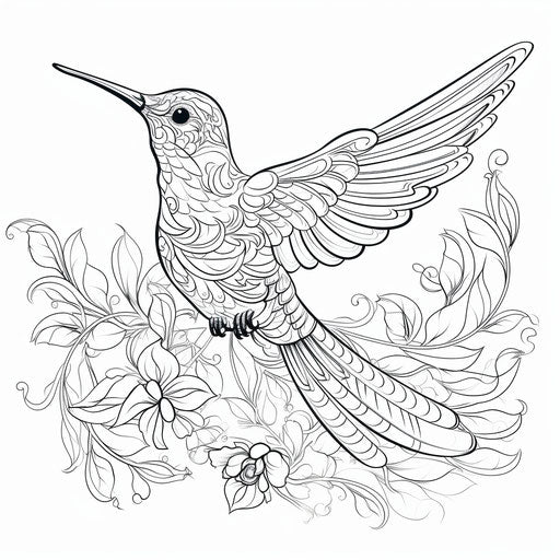 Hummingbird coloring page, precise and glistening lines