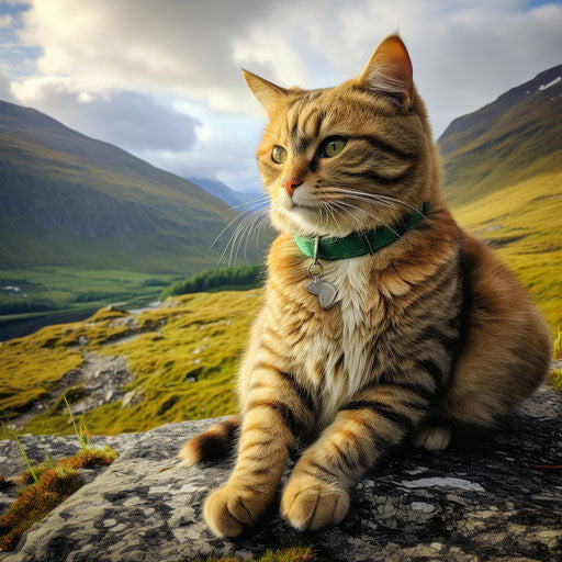Manx cat sitting in front of mountain scenery