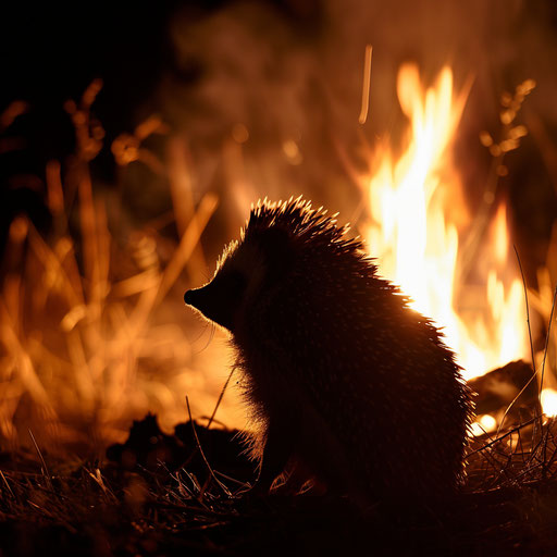 Hedgehog by campfire, night of stories and warmth
