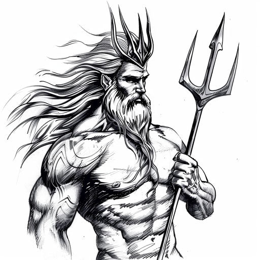 Illustration of Poseidon with his trident, a powerful Greek tattoo design, on a pure white background