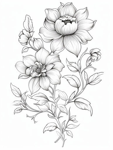 Flower tattoo drawing with line, artist's style, embroidery