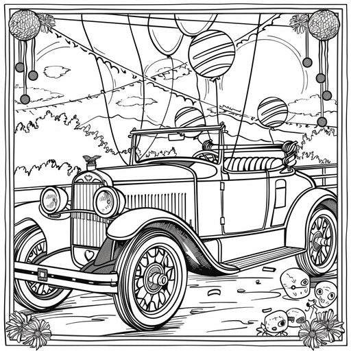 Car in parade with balloons and streamers